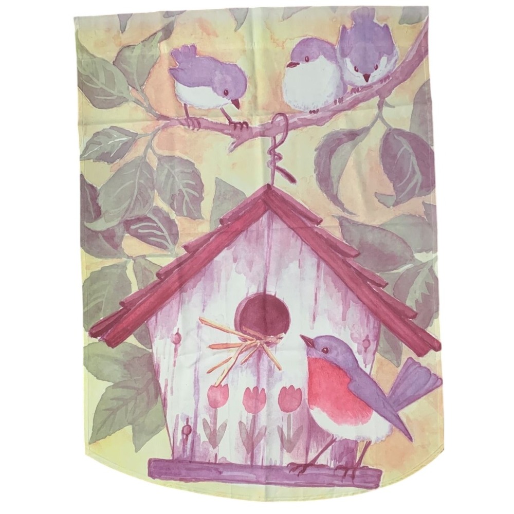 Watercolor Birdhouse Garden Flag Double Side Birds Tulips Outdoor Decor 28.75x40